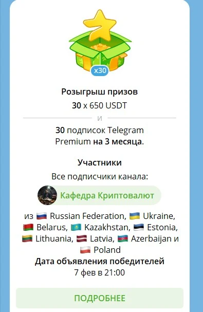 Розыгрыш призов На Телеграмм «Кафедра Криптовалют»
