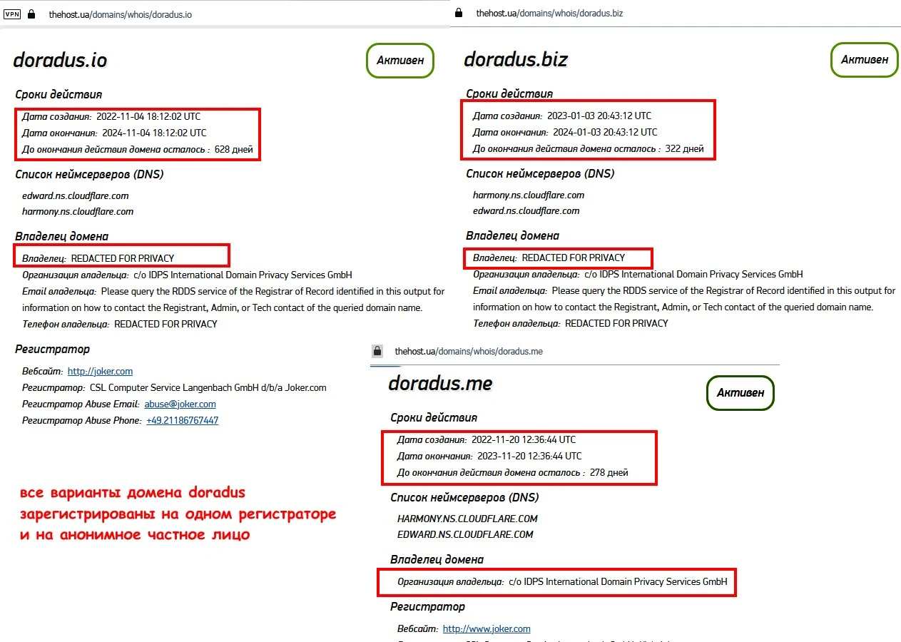 Регистрация сайта DORADUS