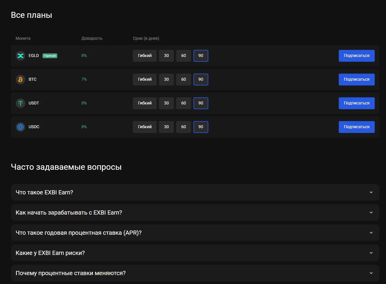 EXBI trade - тарифные планы
